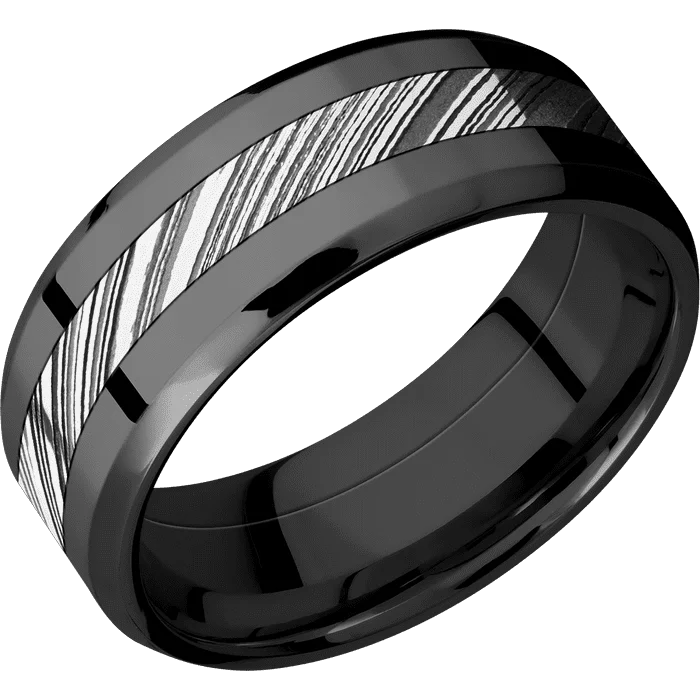 Ladies Rings for Love Glow-8mm wide Beveled Black Titanium Ring with Polish Finish / One 3mm Centered Kuro Damascus Steel Inlay with Tumble Kuro Damascus Finish