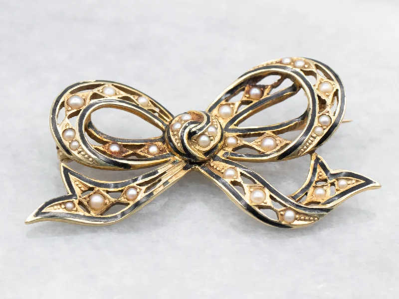 Ladies lush emerald brooches -Yellow Gold Enamel and Seed Pearl Bow Brooch