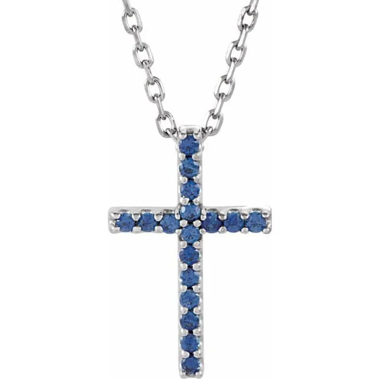 Ladies broad band necklaces -14K White Natural Blue Sapphire Petite Cross 16" Necklace