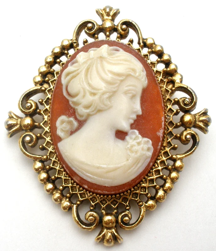 Ladies key charm brooches -Cameo Perfume Locket Brooch Pin Vintage Avon