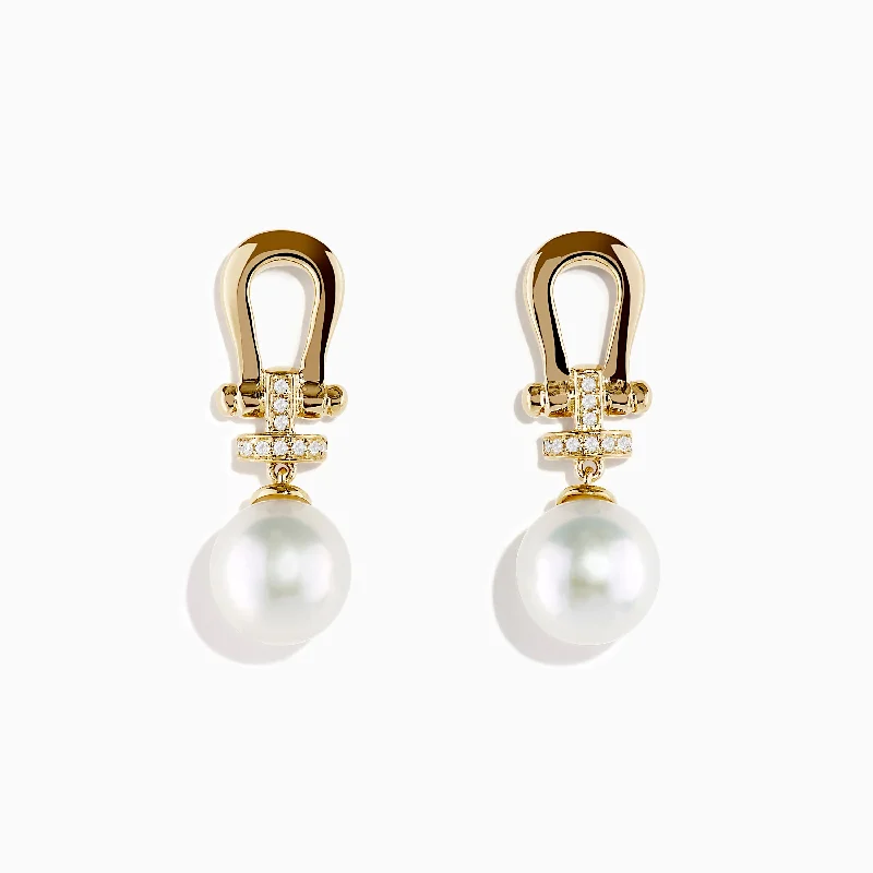 Ladies Earrings for Hero Spark-14K Yellow Gold Fresh Water Pearl and Diamond Horseshoe Drop Earrings