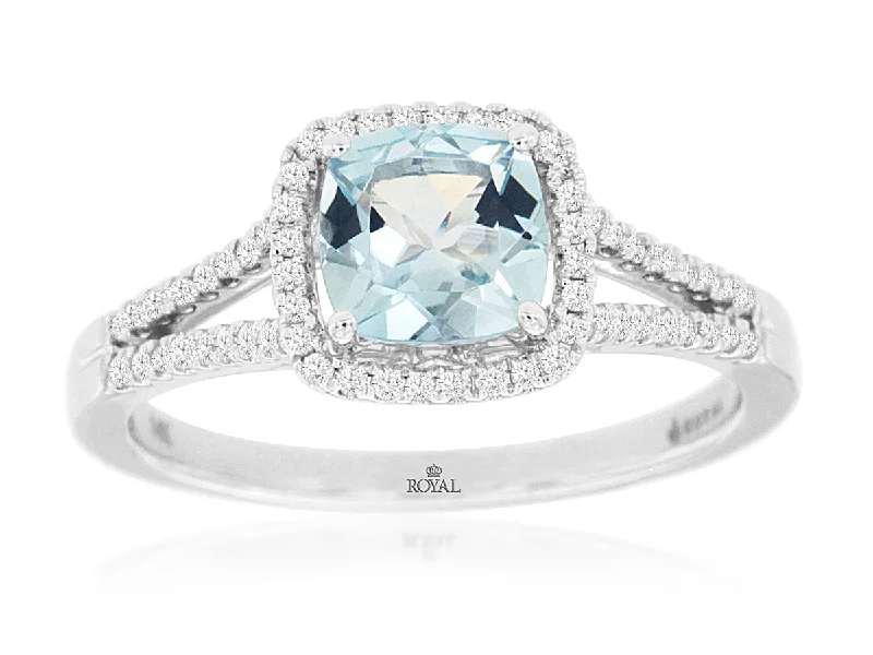 Ladies Rings with Grey Pollucite-14K White Gold Cushion Cut Aquamarine with a Diamond Halo Ring