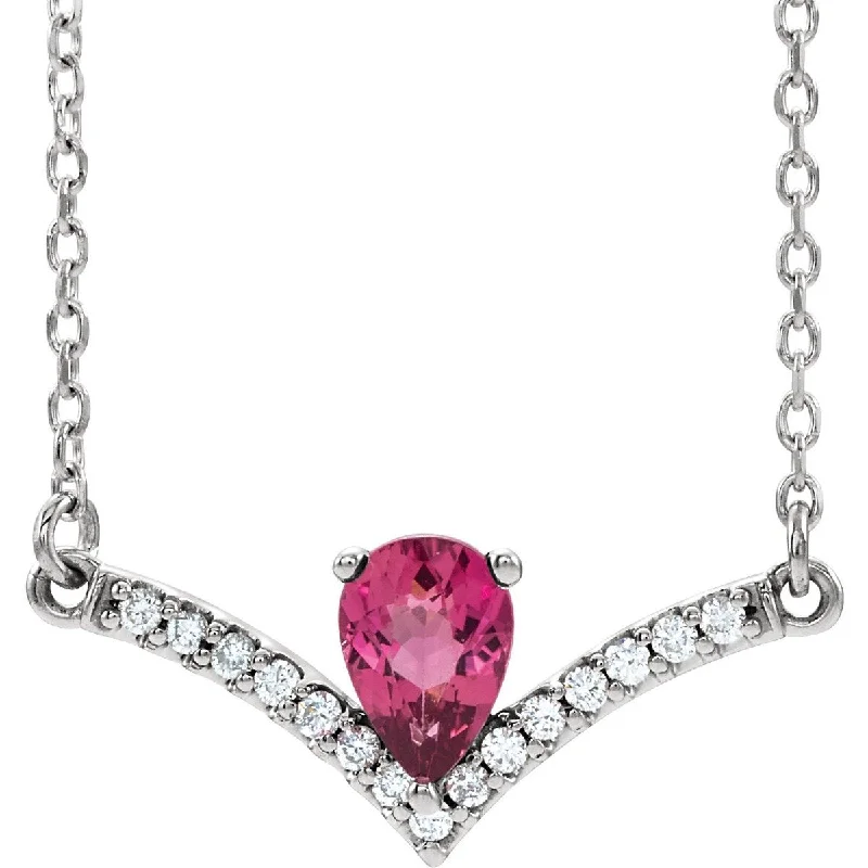 Ladies empowering shine necklaces -14KT GOLD 0.45 CT PINK TOURMALINE & 0.08 CTW DIAMOND "V" BAR NECKLACE