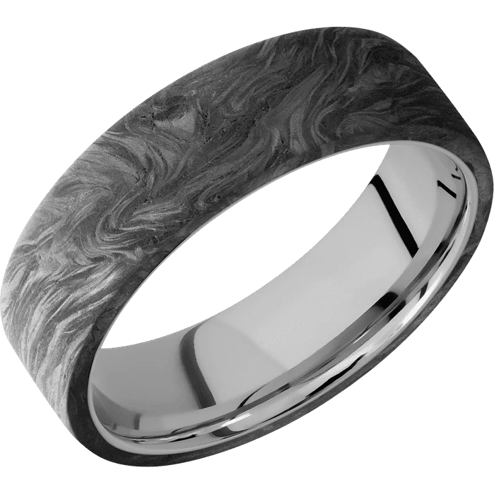 Ladies Rings for Mom Shine-7mm wide Flat Forged Carbon Fiber Ring / Titanium Sleeve