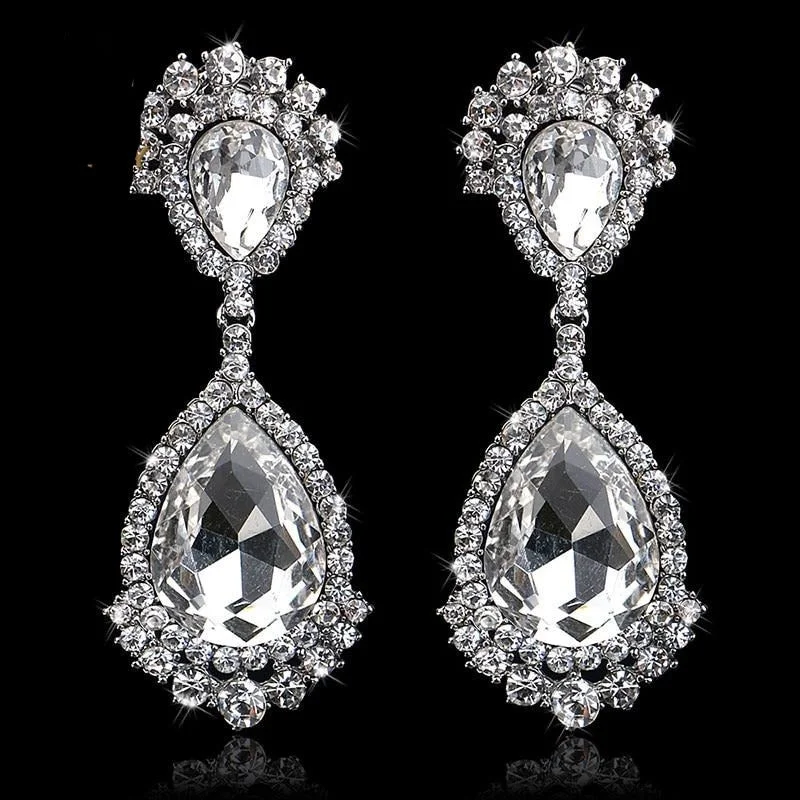 Ladies Earrings with White Leucite-TRZ-006 Elegant Teardrop Crystal Bridal Silver Long Drop Earrings Wedding Jewelry Accessories