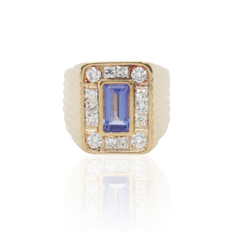 Ladies Rings for Elder Shine-14k Yellow Gold Ring With Emerald Step Cut Tanzanite Center