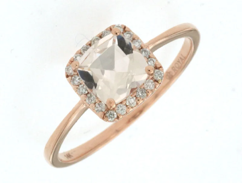 Ladies Rings with Royal Lapis-14k Rose Gold Cushion Morganite and Diamond Halo Ring pc3138m