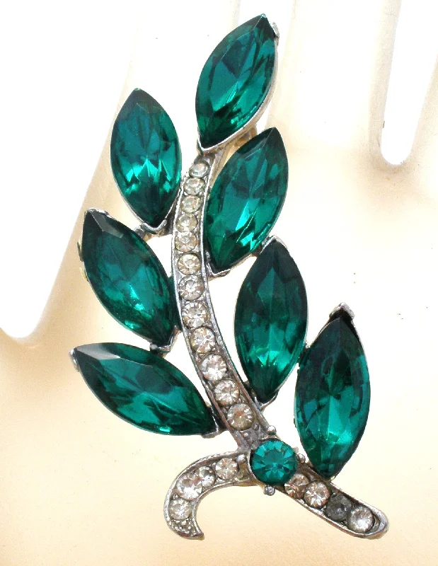 Ladies soft whisper brooches -Weiss Green & Clear Rhinestone Leaf Brooch Pin