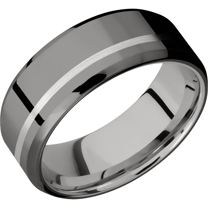 Ladies Rings Curved Glow-8mm wide Beveled Darkened Tantalum Ring with Polish Finish / One 1mm Off Center Platinum Inlay with Satin Finish / Inconel Sleeve