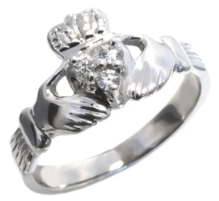 Ladies Rings with Triangle Glow-14K White Gold Diamond Claddagh Ring HB00923DIW