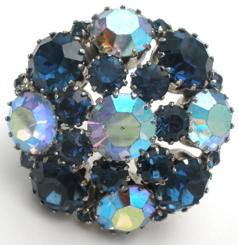 Ladies lunar charm brooches -Weiss Blue Rhinestone Brooch Pin Vintage