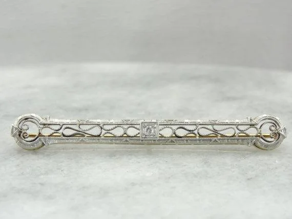 Ladies daily spark brooches -900 Platinum and Diamond Outstanding Filigree Edwaridan Bar Pin Brooch