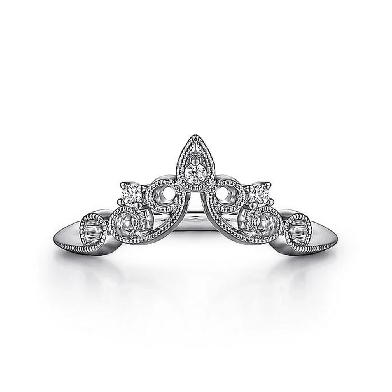 Ladies Rings with White Thaumasite-Gabriel & Co. 14K White Gold Curved Filigree Diamond Ring - 0.05 ct