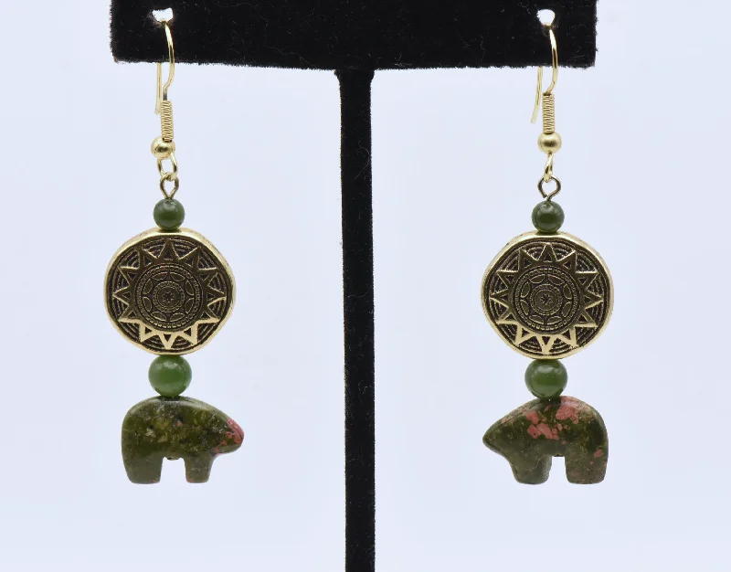 Ladies Earrings with Red Spinel-Carved Unakite Bears and Jade Dangle Earrings