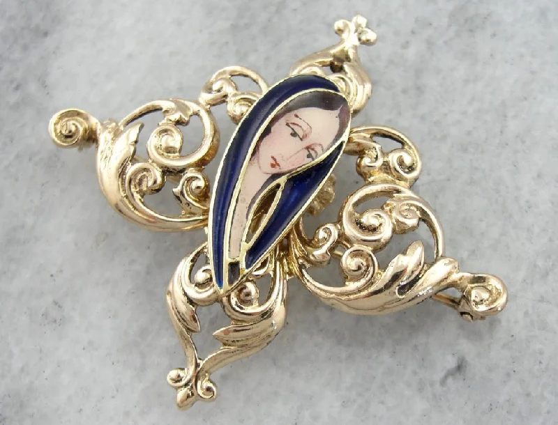 Ladies enchanted glow brooches -Scrolling Filigree Brooch with Modernist Virgin Mary Center