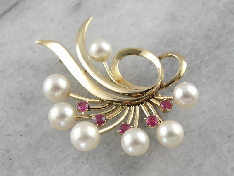 Ladies nostalgic retro brooches -Vintage Pearl and Ruby Brooch in Yellow Gold, Abstract Statement Pin