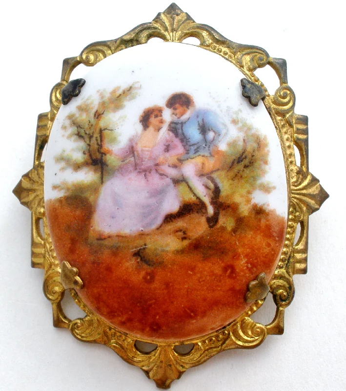 Ladies 10K gold gleam brooches -Romantic Couple Miniature Portrait Brooch Vintage