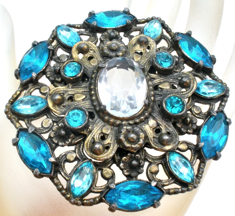 Ladies chunky statement brooches -Large Blue Rhinestone Brooch Vintage