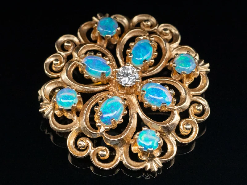 Ladies leaf gleam brooches -Yellow Gold Opal Cluster Brooch or Pendant with Diamond Accent