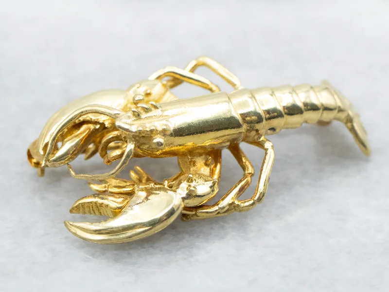 Ladies bespoke artisan brooches -Yellow Gold Lobster Brooch with Moving Claws