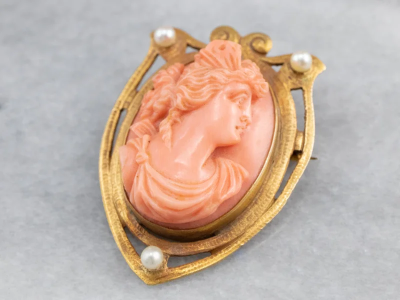 Ladies snowy white brooches -Art Nouveau Coral Cameo Gold Brooch Pendant