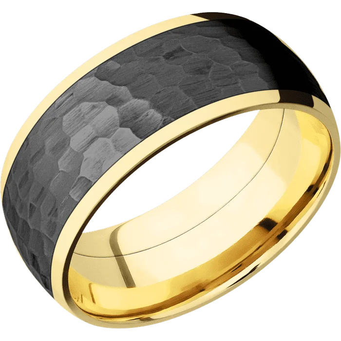 Ladies Rings Open Glow-9mm wide Domed 10k Yellow Gold Ring with Polish Finish / One 7mm Centered Black Zirconium Inlay with Hammer Finish