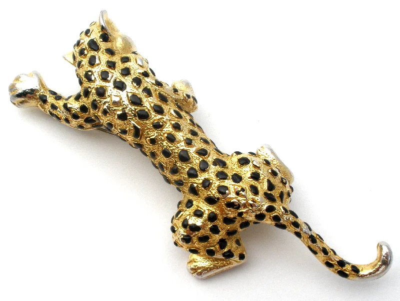 Ladies healing charm brooches -Gold Tone Black Enamel Spotted Leopard Brooch Pin