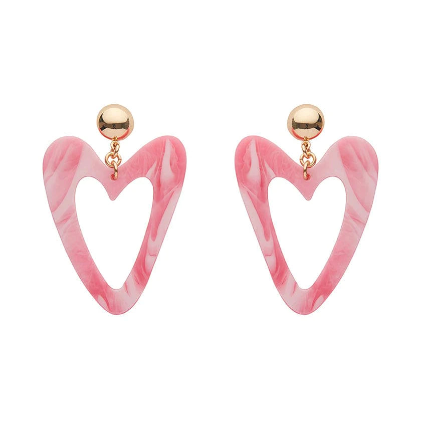 Ladies Earrings for Niece Glow-Erswilder -Statement Marble Resin Heart Drop Earrings - Pink