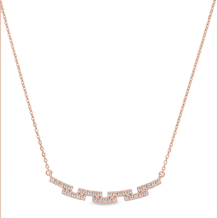 Ladies budget sparkle necklaces -Rose Gold Finish Sterling Silver Micropave Staggered Bar Necklace with Simulated Diamonds on 16"-18" Adjustable Chain