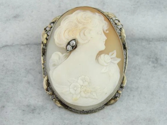 Ladies autumn hue brooches -Filigree Brooch with Fine Shell Cameo and Diamond