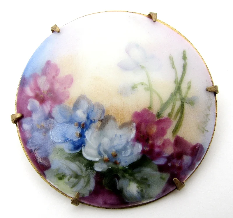 Ladies budget sparkle brooches -Hand Painted Porcelain Flower Brooch Vintage