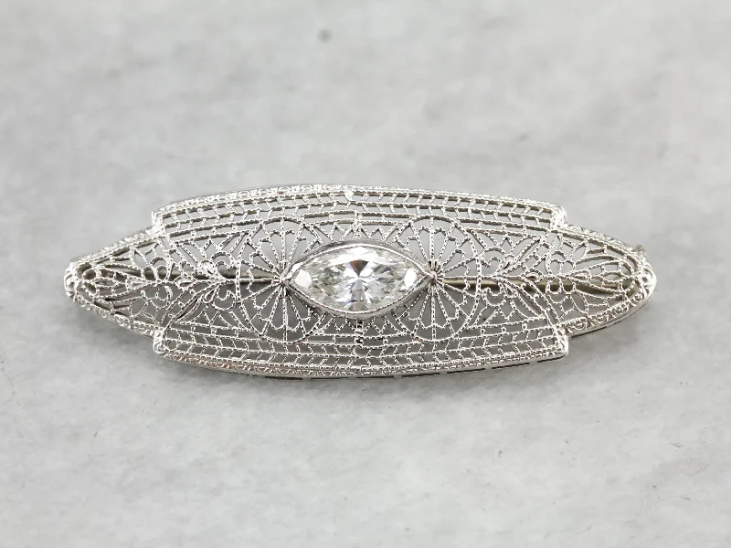 Ladies modern edge brooches -Outstanding Filigree Brooch with One Carat Diamond Center, Art Deco Finery