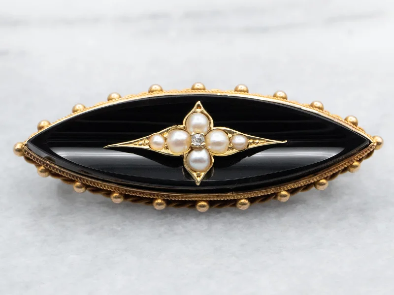 Ladies bar sparkle brooches -Black Onyx, Diamond, and Seed Pearl Brooch