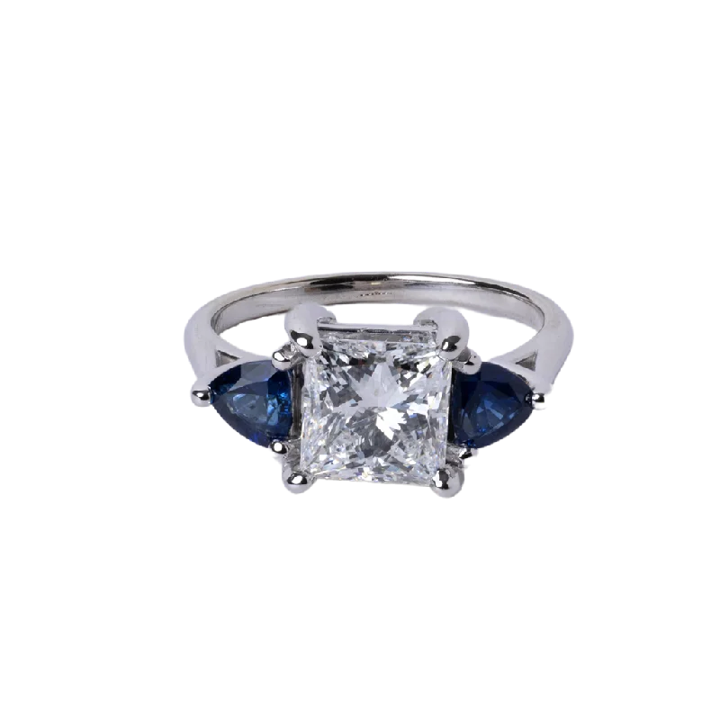 Ladies Rings for Artist Glow-14k White Gold Diamond and Sapphire 3-Stone Ring