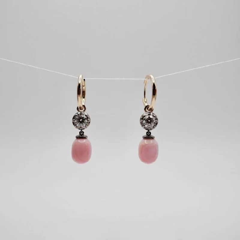 Ladies Earrings with Brown Astrophyllite-18K Yellow Gold Hoop Earrings with 0.4 ct Round Lab Diamonds and Conch Pearls