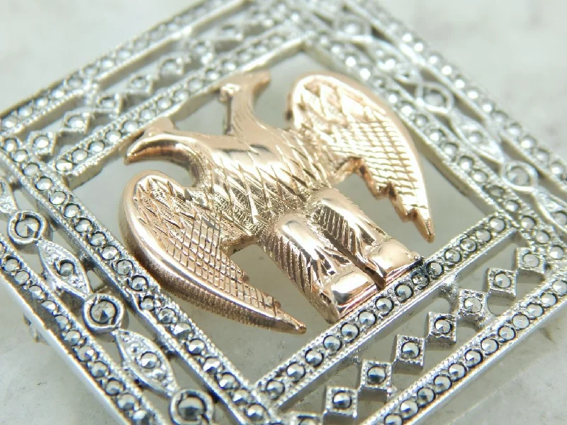 Ladies sparkling diamond brooches -Incredible Art Deco Brooch in Sterling and Marcasite with Rose Gold Double Eagle Center