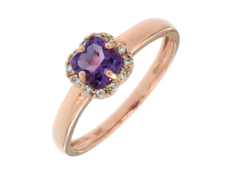 Ladies Rings Multi Shine-14k Rose Gold 5mm Cushion Amethyst and Diamond Halo Ring PC3221A-AM