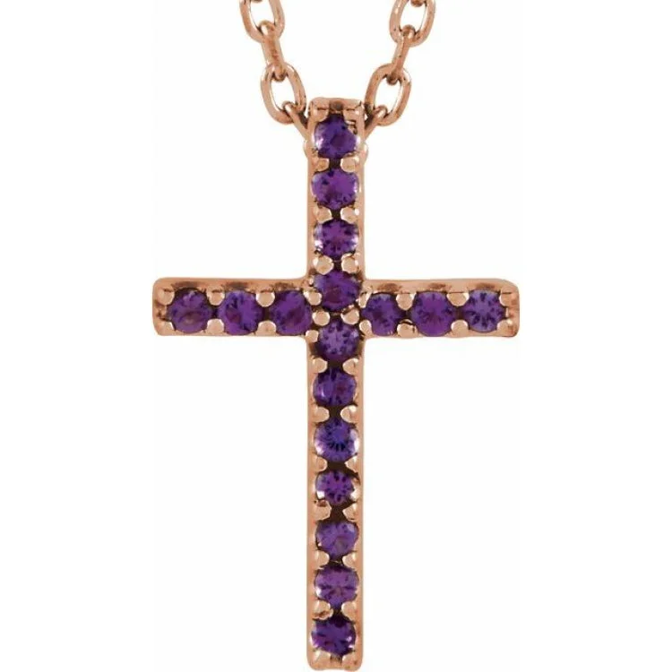 Ladies lunar charm necklaces -14K Rose Natural Amethyst Petite Cross 16" Necklace